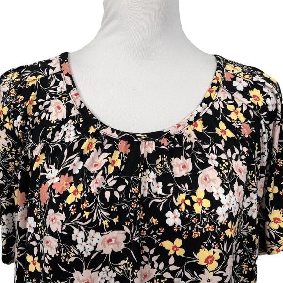 Liz Claiborne Blouse Size OX Black Floral Slinky Keyhole Pleated Front Work Top - Picture 2 of 11